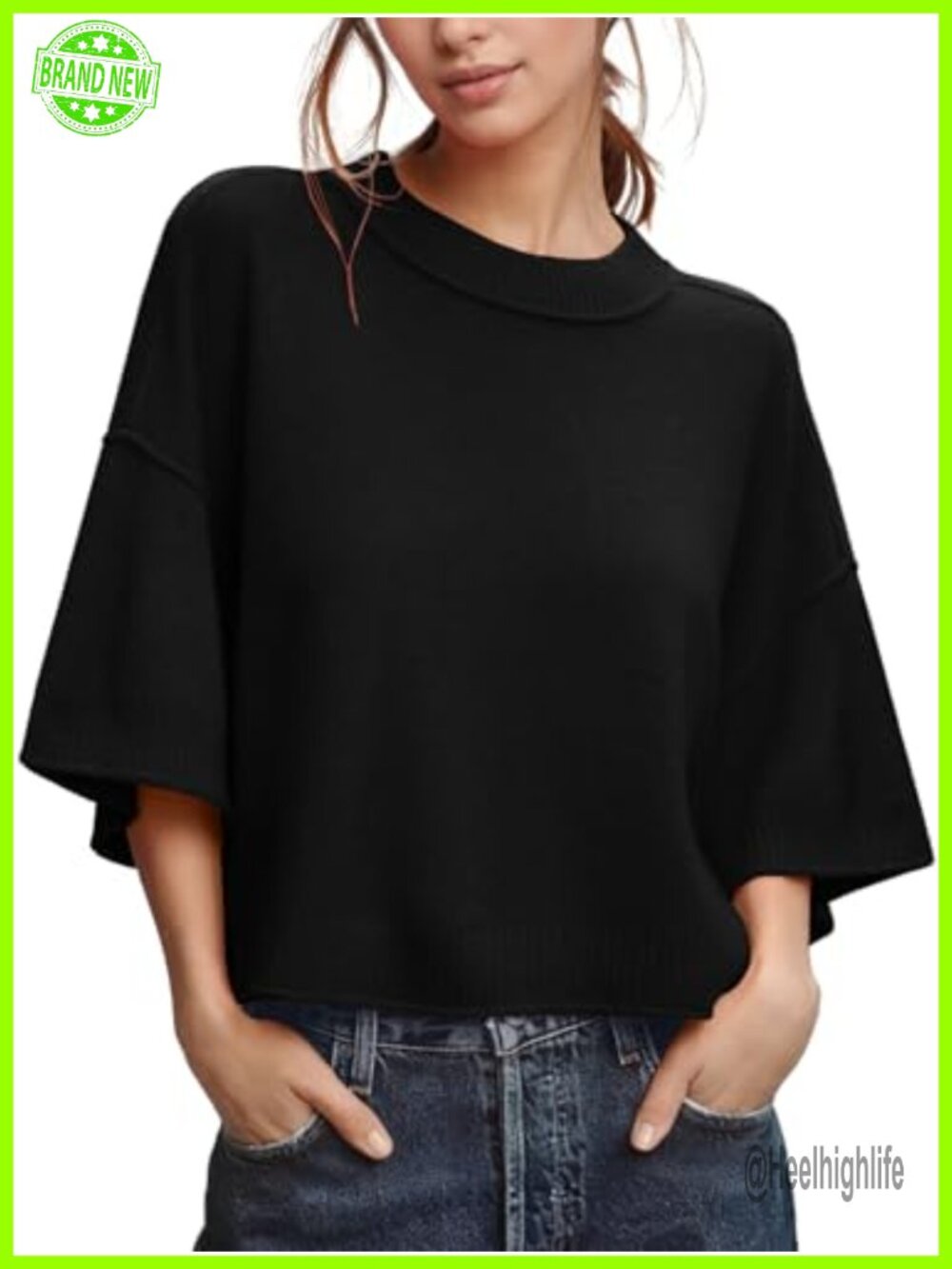 Women's Cropped Knit Sweater Pullover 3/4 Sleeve Crew Neck Loose Fit Casual